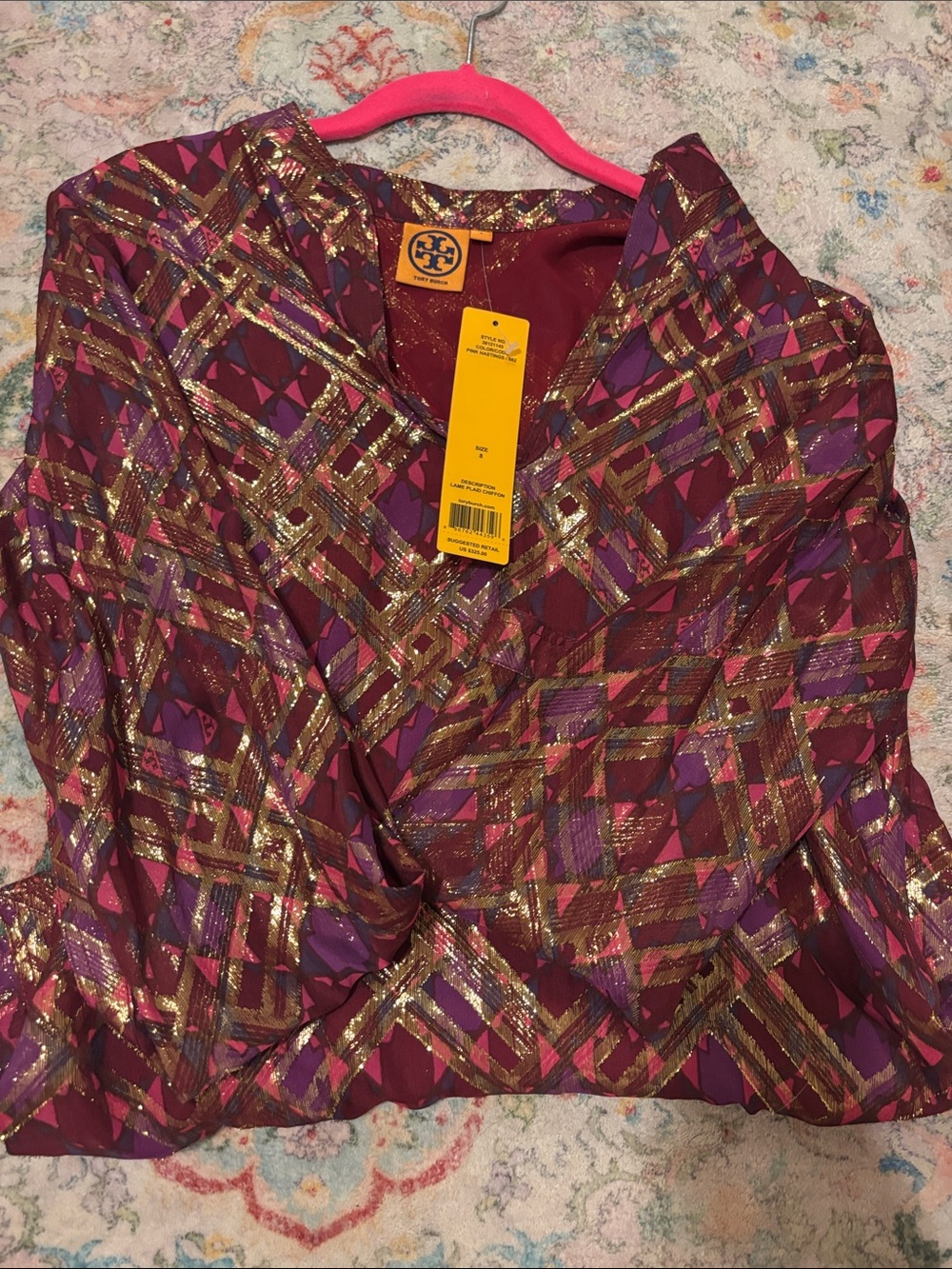 Tory Burch Metallic Geometric Wrap Top - Burgundy, Purple & Gold